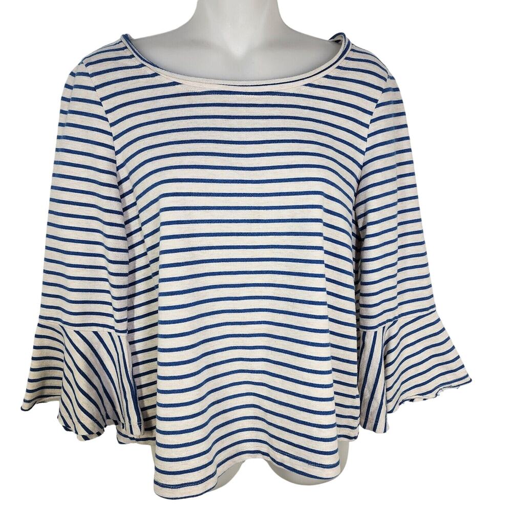 Anthropologie Deletta Celina Top Small Blue Striped Bell 3/4 Sleeve Nautical